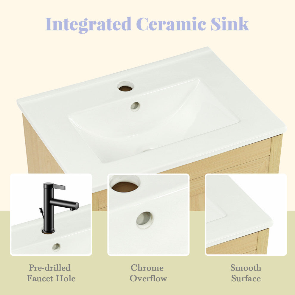GDF Studio 20"W Storage Bathroom Vanity With Ceramic Sink, Natural