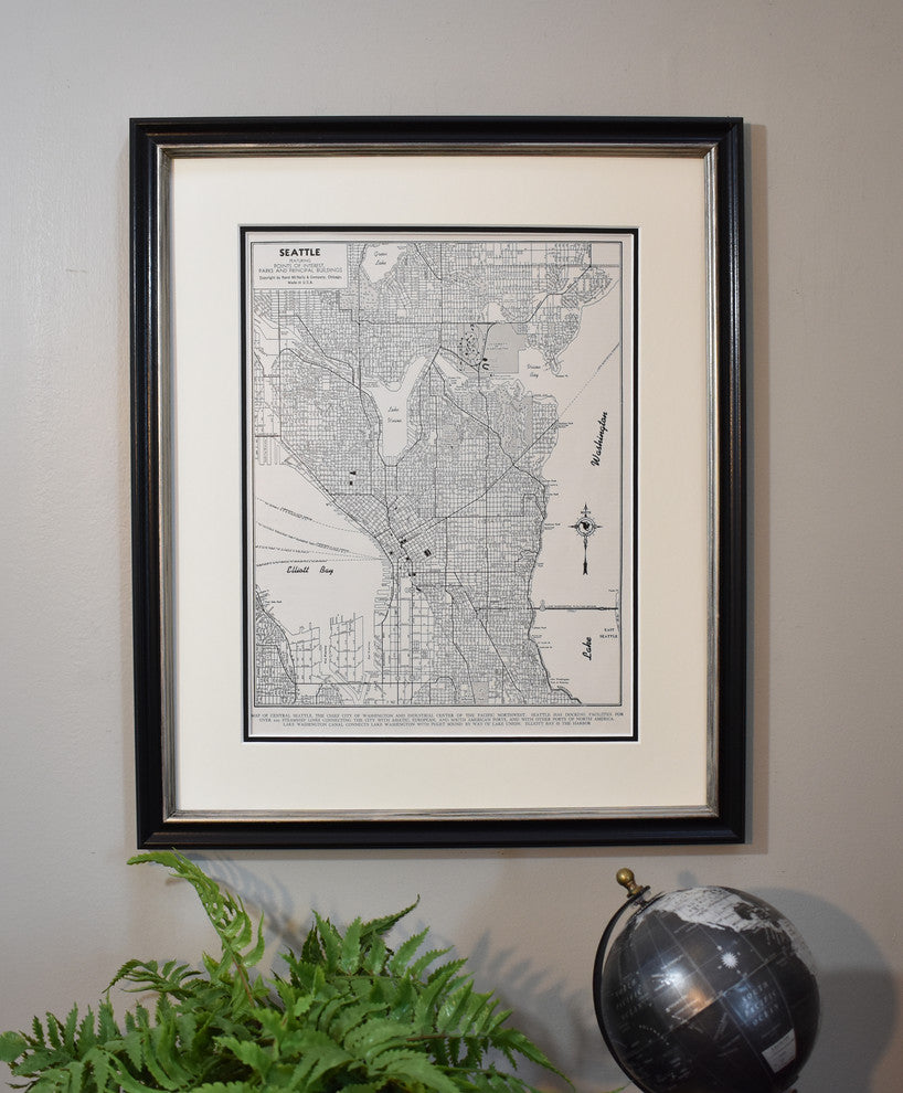 Vintage Seattle, Washington Map, Framed Original Seattle Map- Authentic 1940s