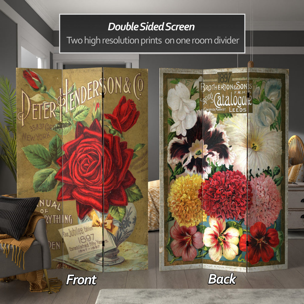 6' Tall Double Sided Flower Seeds Canvas Room Divider, Roses