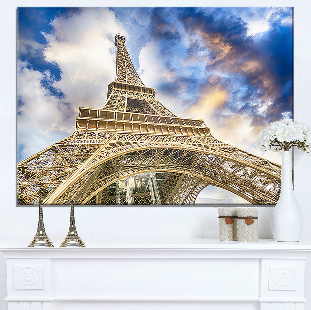 "Dramatic Sky Over Ground View Paris Eiffel Tower" Wall Art, 60"x28", 1 Panel