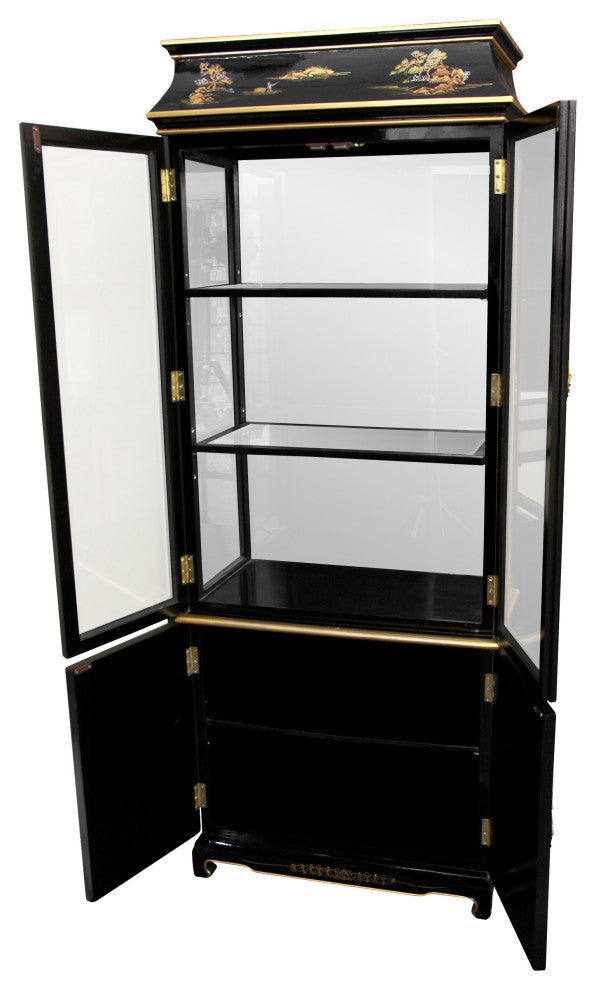 Ming Pagoda Top Curio Cabinet With Hand Painted Oriental Landscape