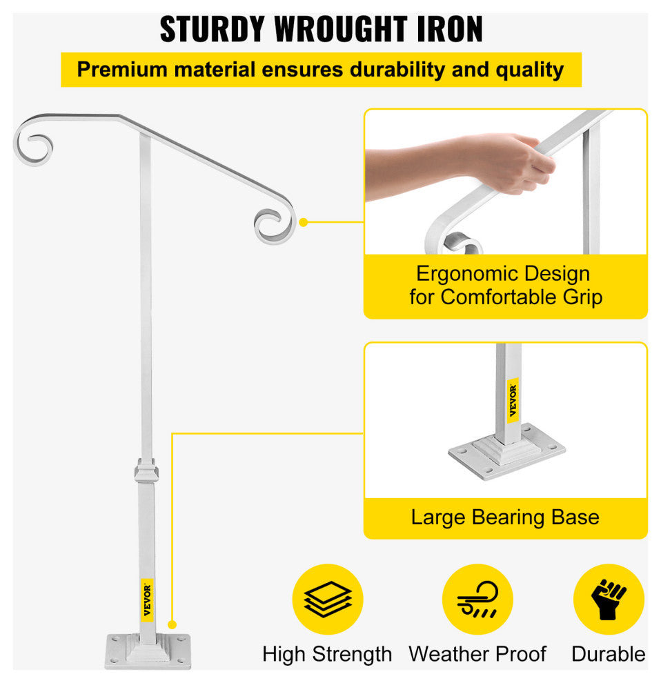 Single Post Handrail Wrought Iron Grab Supports Fits 1 or 2 Steps, White