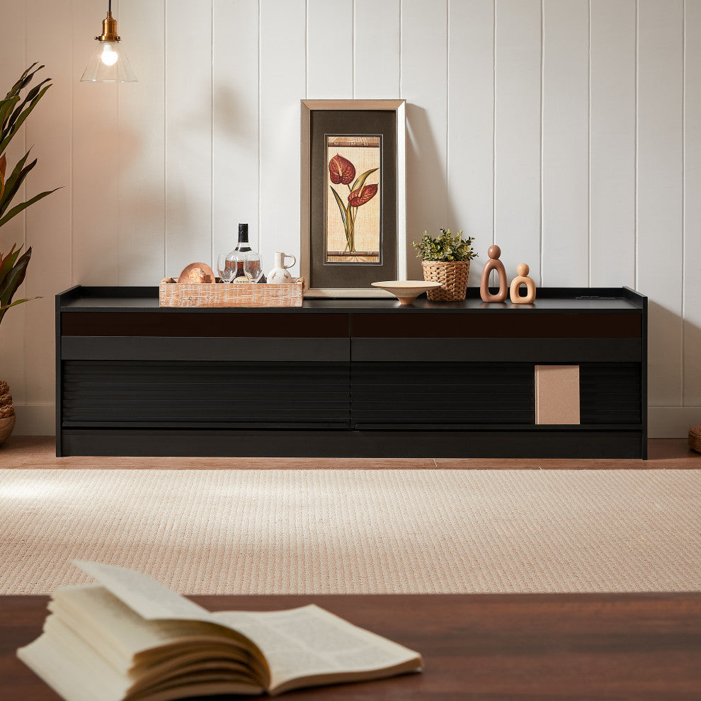 GDF Studio 4-Drawer Storage TV Stand, LED Lighting & Charging Ports, Black