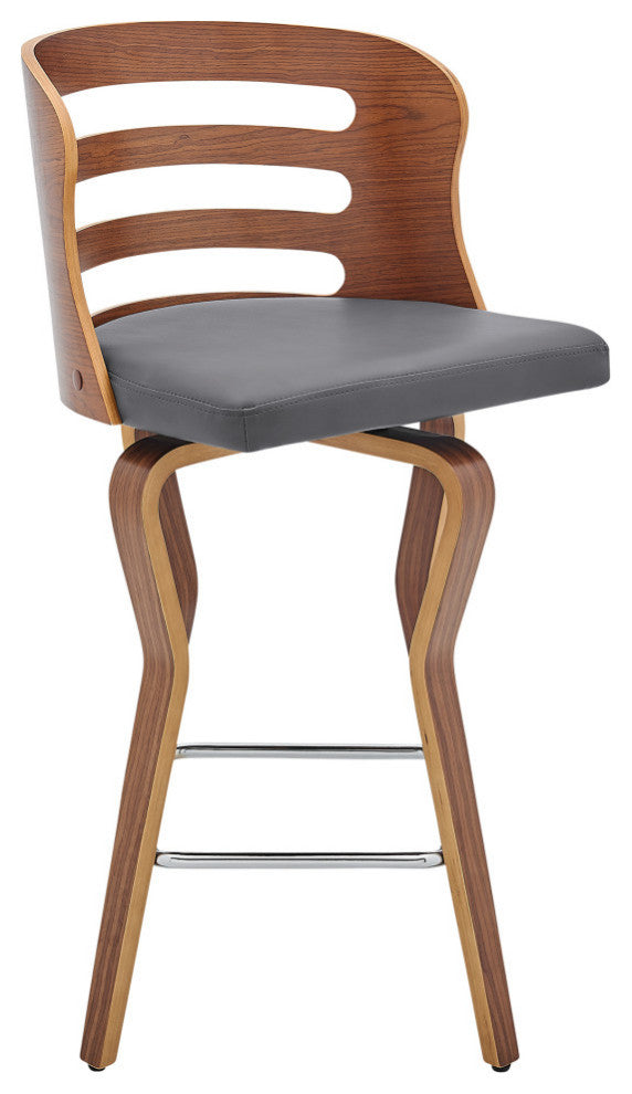 Verne 26" Swivel Gray Faux Leather and Walnut Wood Bar Stool