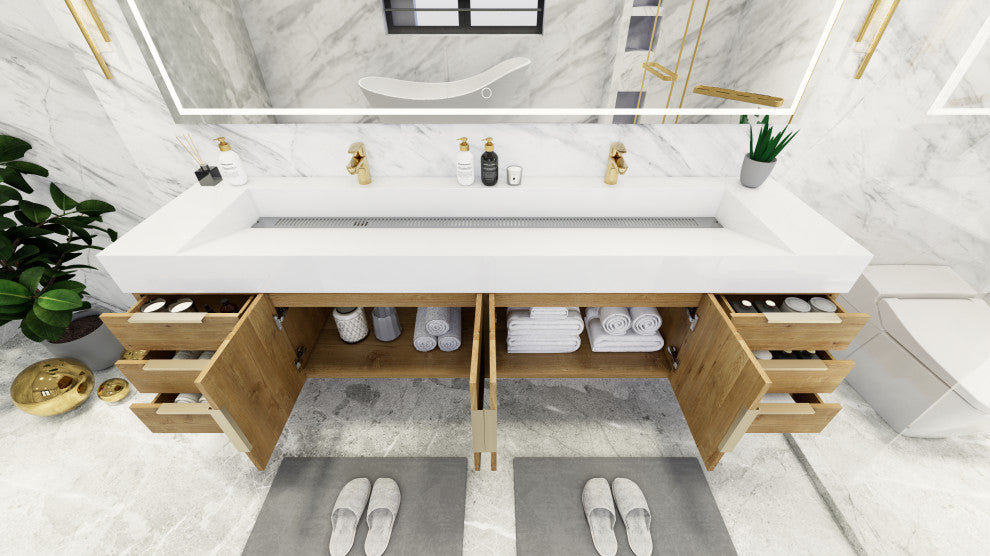 Madison 84" Wall Standing Double Sink Vanity with Reinforced Acrylic Sink, Oak