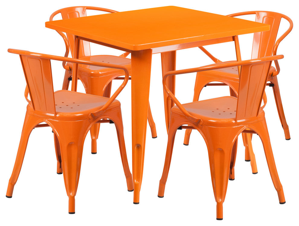 31.5" Square Orange Metal Indoor-Outdoor 5-Piece Table Set With 4 Arm Chairs