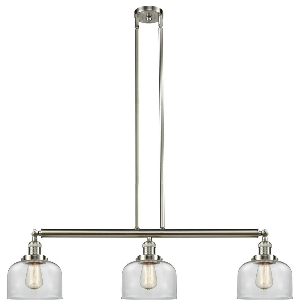 Large Bell 3-Light Island Light, Clear Glass, Satin Brush Nickel