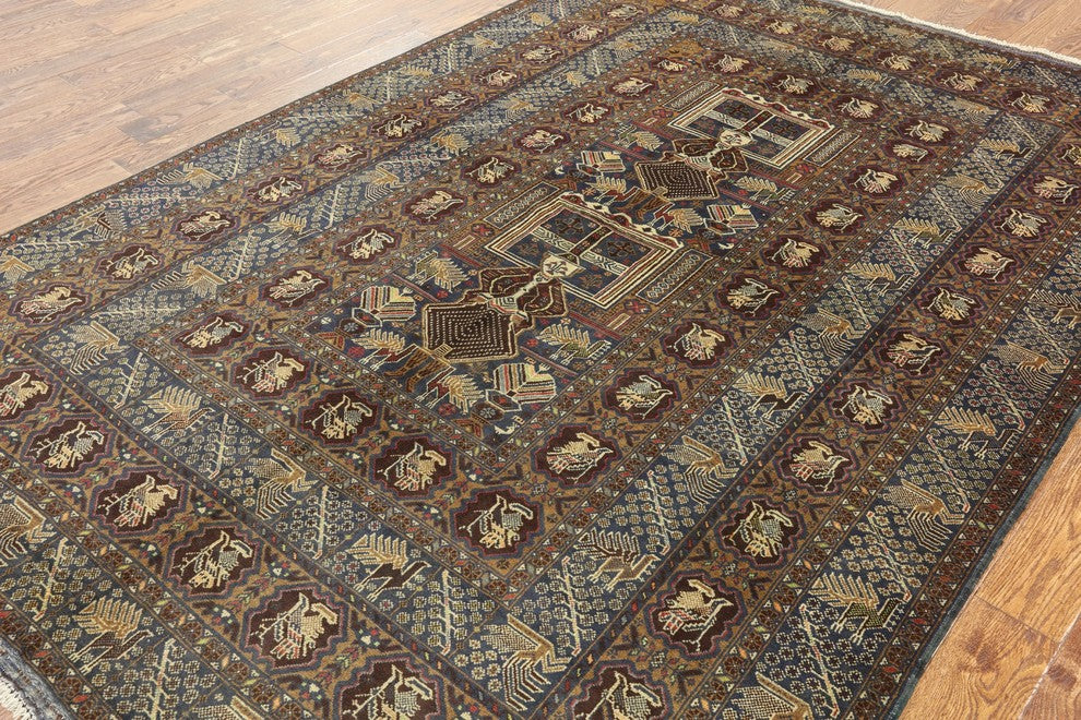 Tribal Hand-Knotted Afghan Wool Navy Blue Rug, 7'x10'