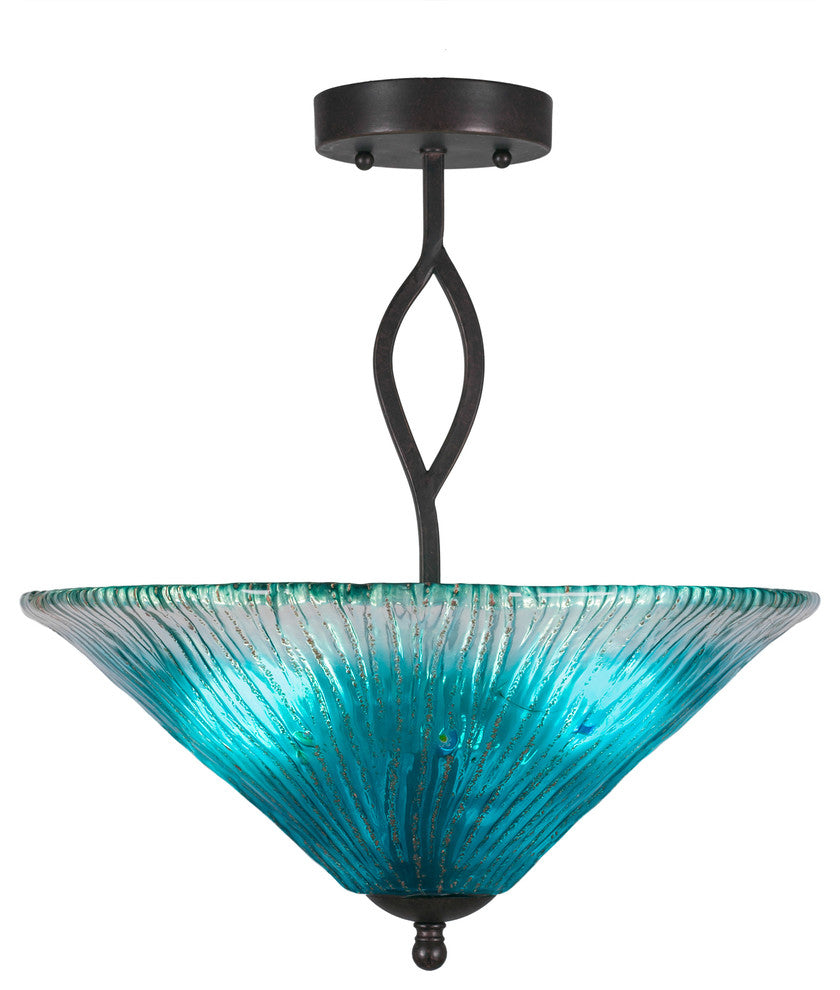 Revo Semi-Flush With 3 Bulbs, With 16" Teal Crystal Glass, Dark Granite