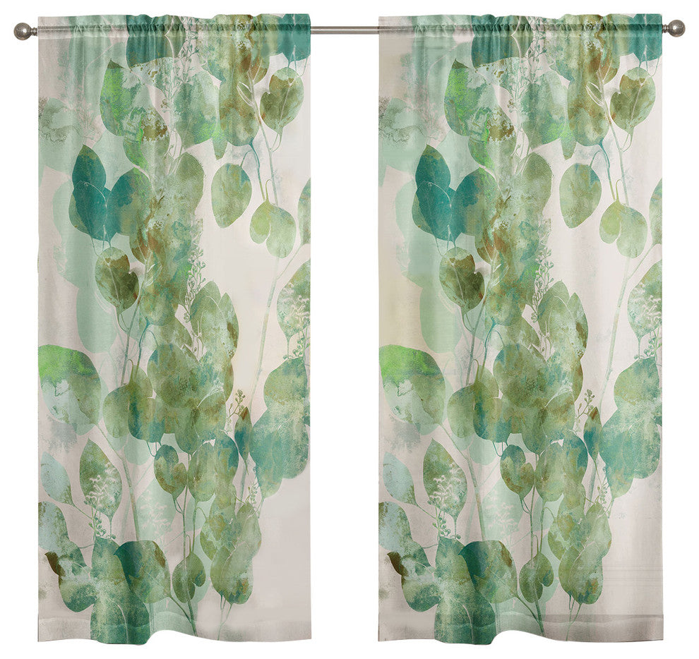 Green Watercolor Eucalyptus 84" Sheer Window Curtain