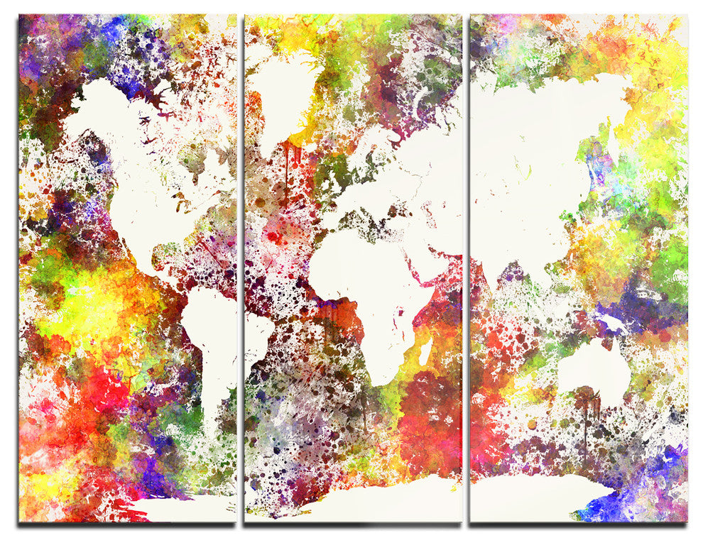 "World Map in Great Colors" Watercolor Map Metal Wall Art, 3 Panels, 36"x28"