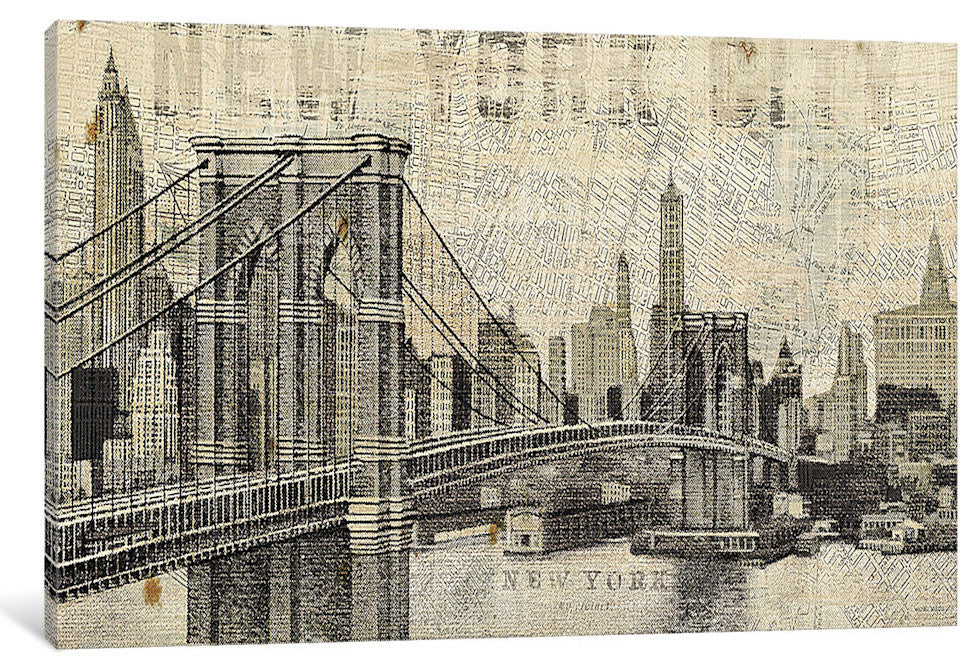 "Vintage NY Brooklyn Bridge Skyline " by Michael Mullan, 18x12x1.5"