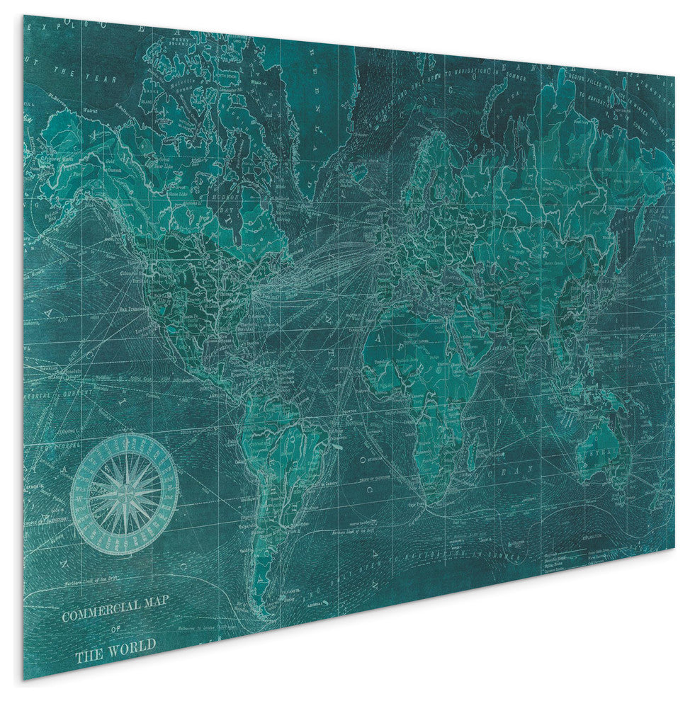 "Azure World" World Map Wall Art on Frameless Tempered Glass 48" x 32"