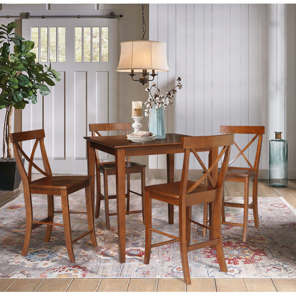 36" x 36" Counter Height Dining Table with 4 X-Back Stools, 24" Seat Height