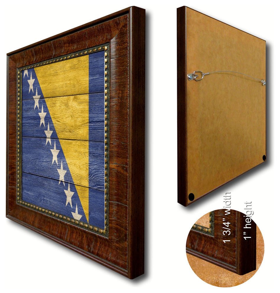 Bosnia Country Textured Flag Print With Brown Gold Frame, 19"X27"