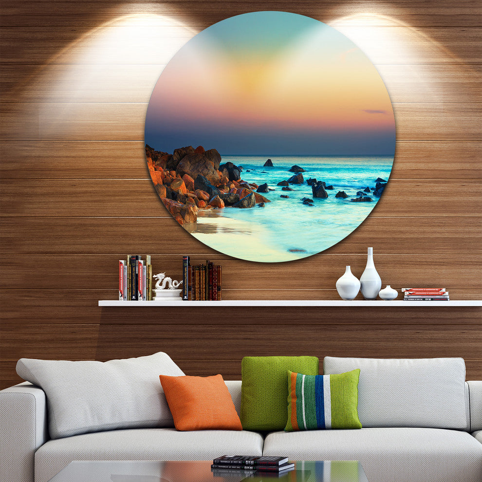 Sunset Over Blue Sky, Seascape Photography Disc Metal Artwork, 11"