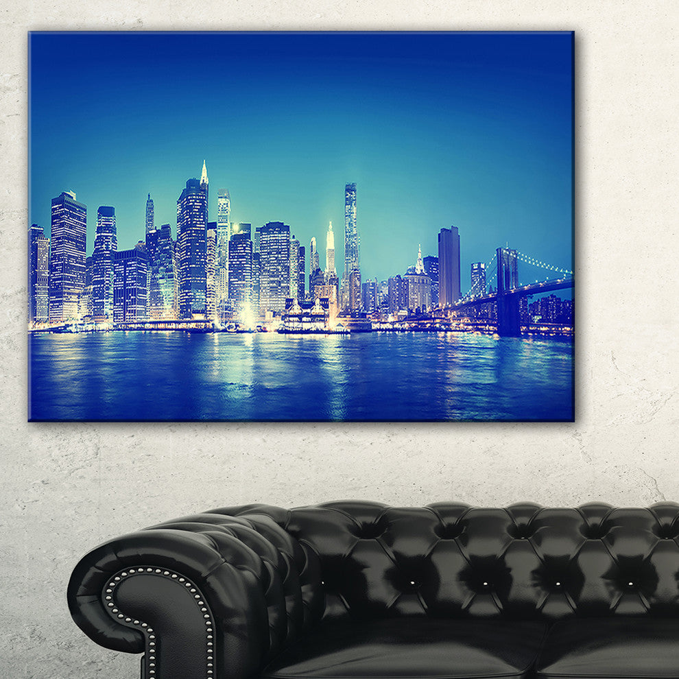 "Blue New York City at Night" Panorama Cityscape Canvas Print32"x16"