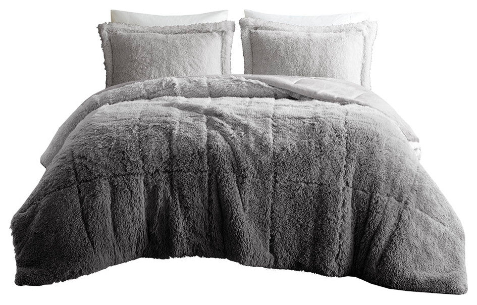 Intelligent Design Brielle Ombre Shaggy Long Fur Comforter Mini Set, Grey