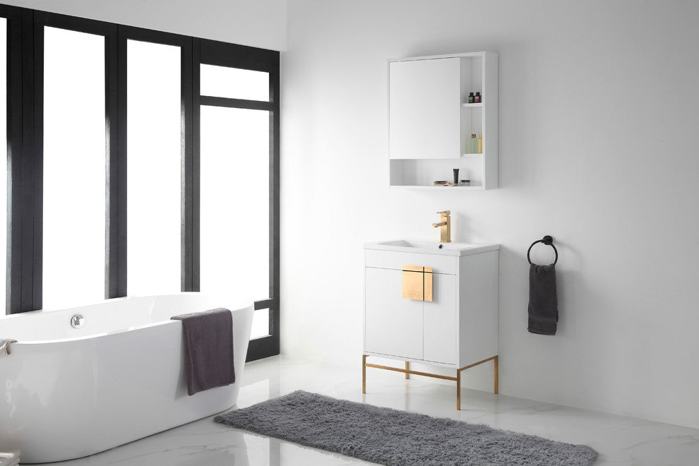 Modern White Bathroom Vanity Set, Satin Brass Hardware, Vireous China Sink Top