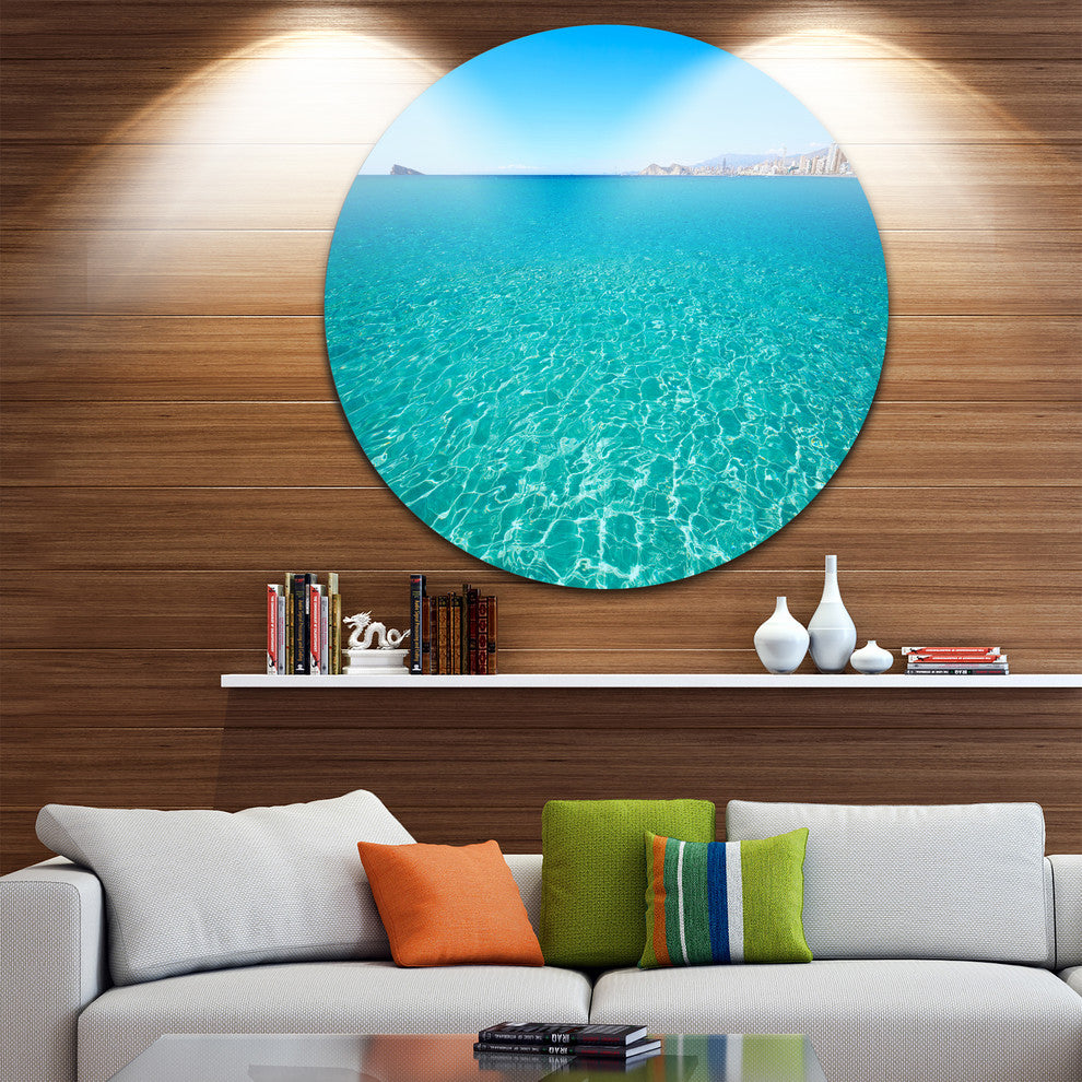 Blue Benidorm Levante Beach, Seashore Round Metal Wall Art, 23"