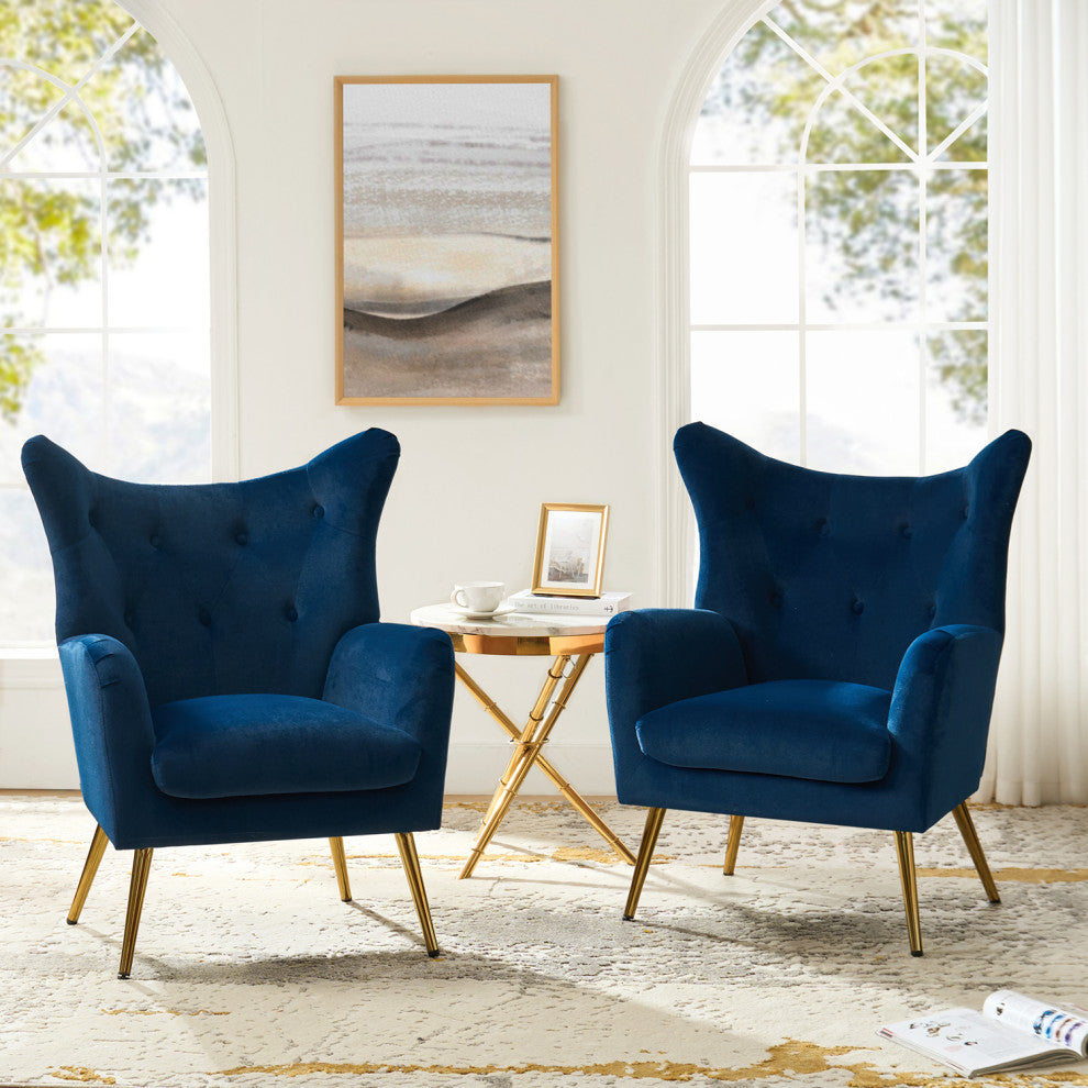 Tufted Accent Chair With Golden Legs, Navy