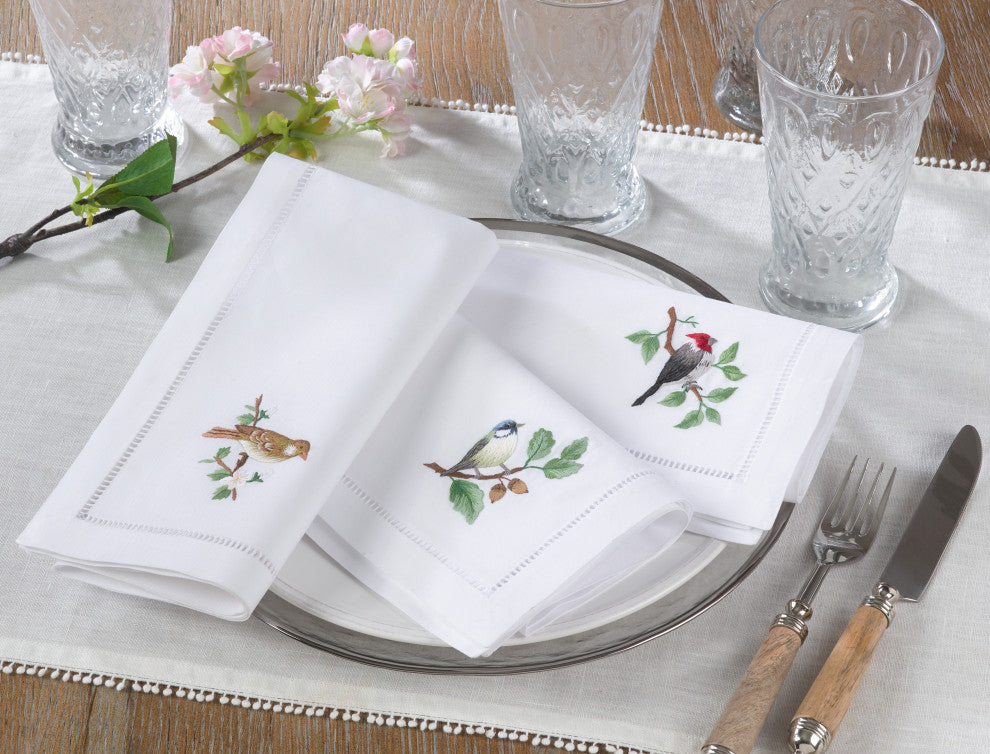 Bluebird Embroidery Cotton Napkins With Hemstitch Border, Set of 6, 20" x 20"