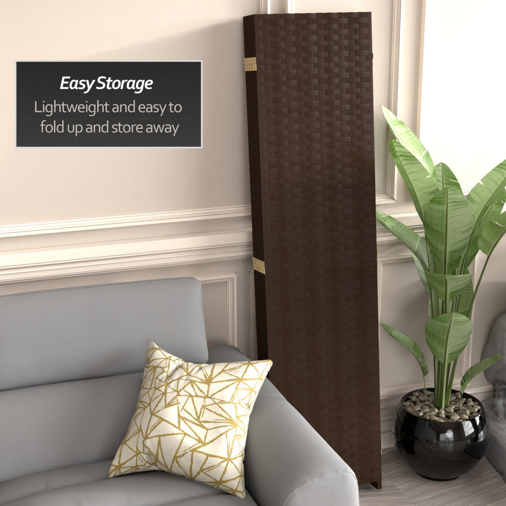 6' Tall Woven Fiber Room Divider, 5 Panel, Dark Mocha