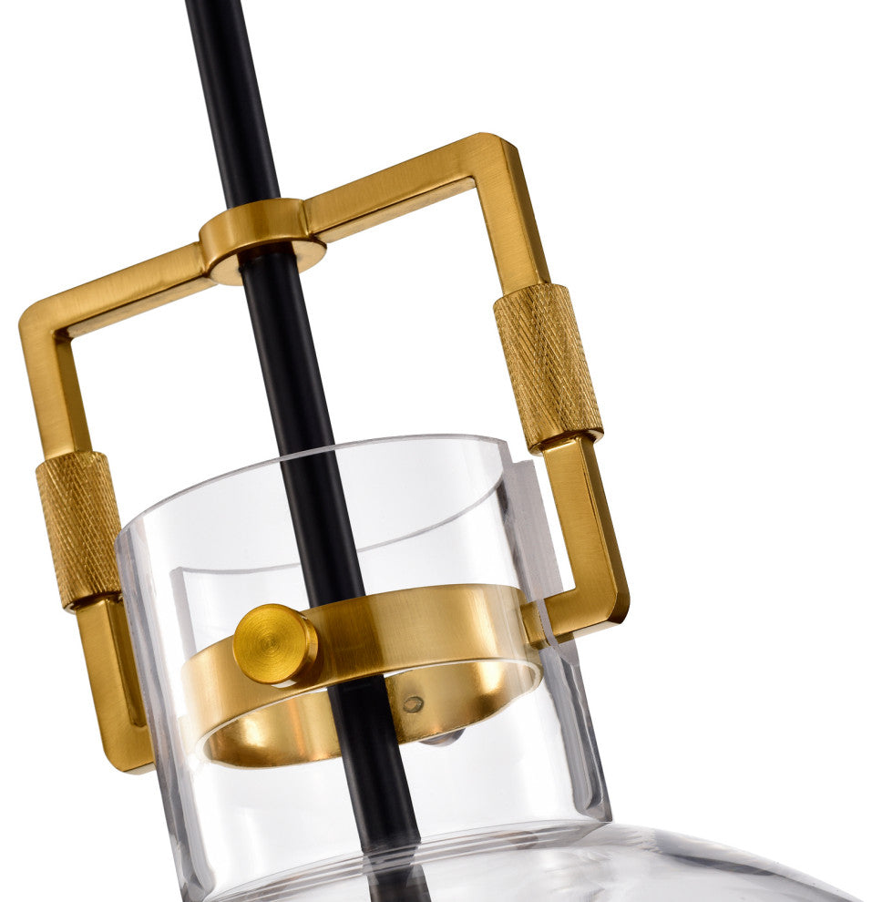 1-Light Black and Antique Gold 10in. Globe Shaped Clear Glass Pendant