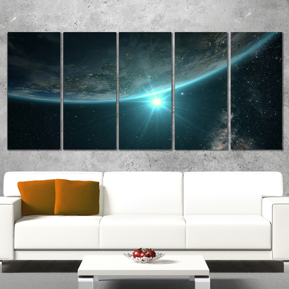 "Sunrise in Earth From Space" Contemporary Landscape Wall Art, 5 Panels, 60"x28"