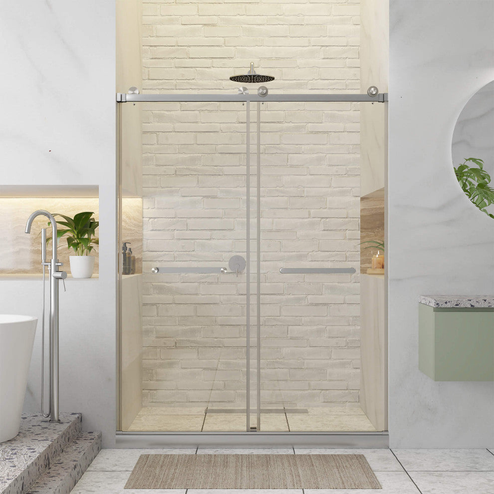 Frameless Clear Sliding Shower Door With Tempered Glass - Shower Bathroom Door, Satin Nickel, 60" X 80", Double Sliding Door