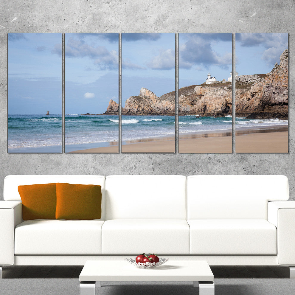 "Coastline With Lighthouse" Panorama Seashore Wall Art, 60"x28", 5-Panels