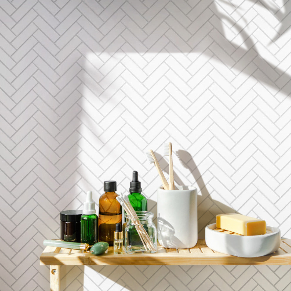 Metro Brick Herringbone Glossy White Porcelain Floor and Wall Tile