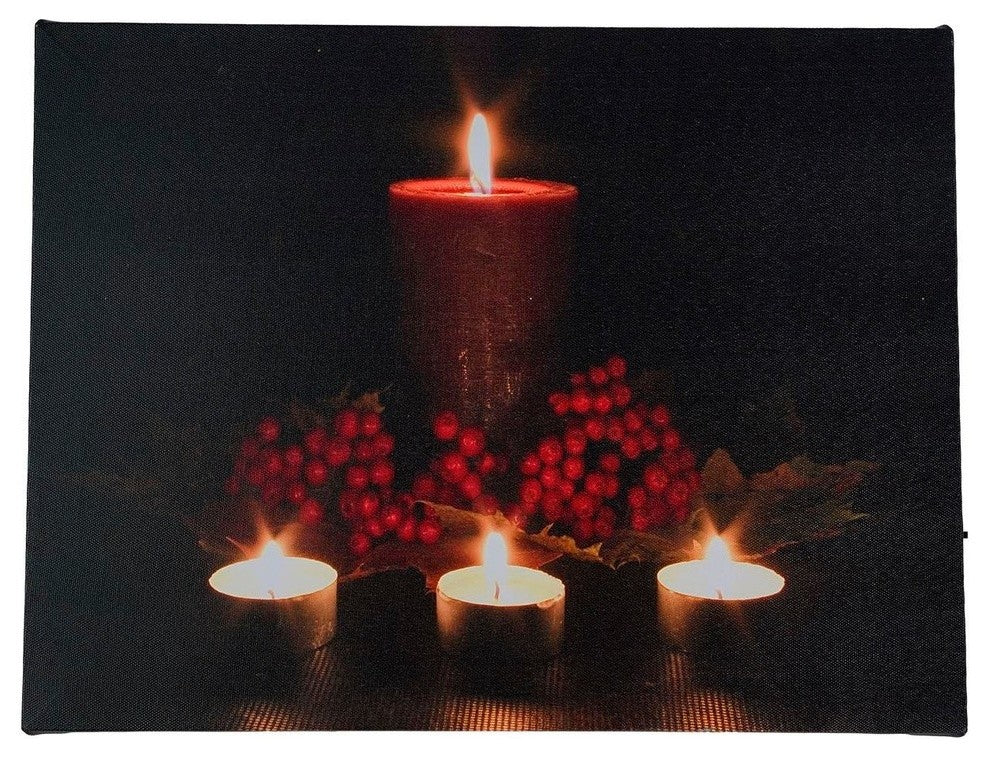 LED Lighted Candles and Red Berries Christmas Canvas Wall Art 12"x15.75"