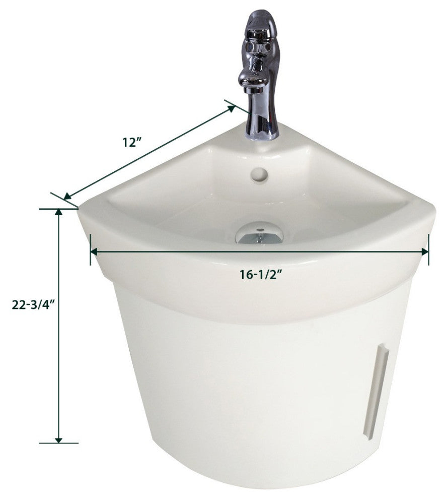 Corner Bathroom Cabinet Sink White Wall Mount With Faucet Drain and Overflow