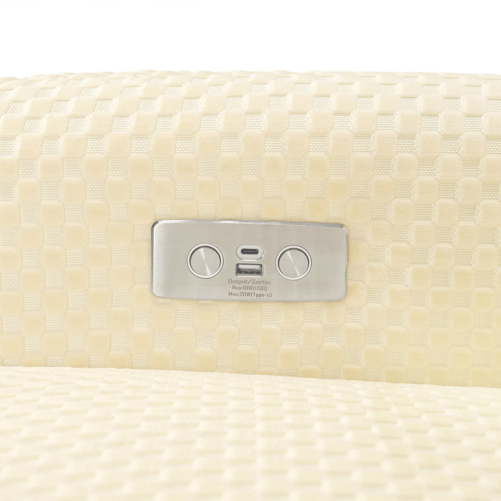 Arc Electronic Recliner/Swivel Glider, Velvet Checker, USB Port, Ivory Velvet Checker With Light Wood Base