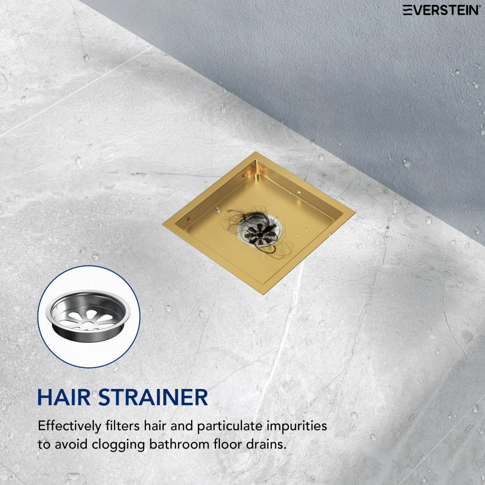EVERSTEIN Invisible 6" Square Shower Drain, Dual-Sided Design, Brushed Gold