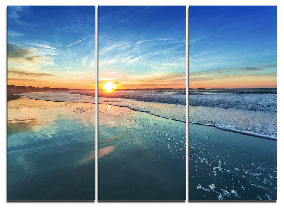 "Blue Seashore With Distant Sunset" Metal Wall Art, 3 Panels, 36"x28"