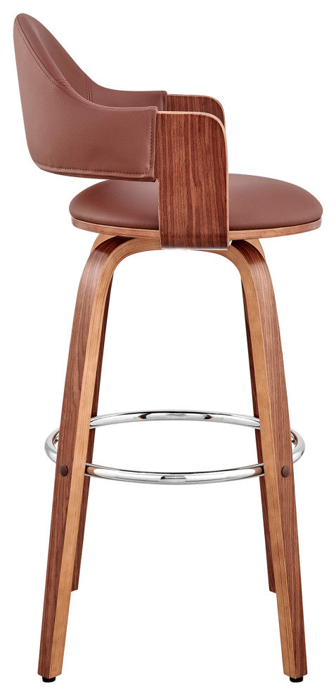 Daxton Faux Leather and Wood Bar Stool, Brown and Walnut, 30"