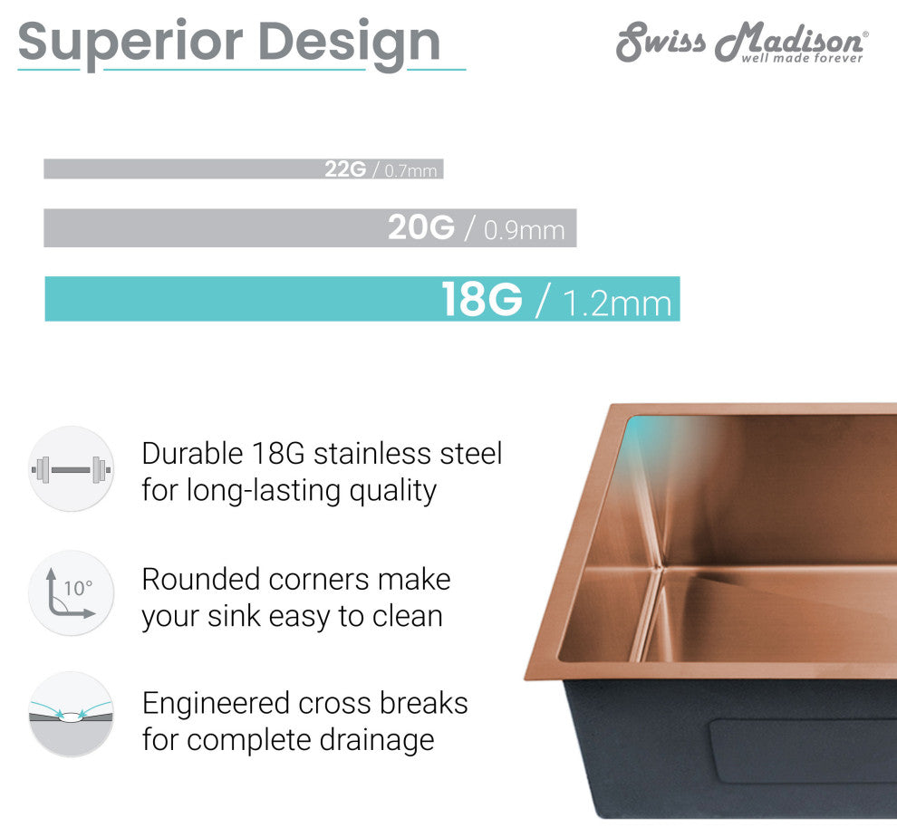 Rivage 32"x19" Stainless Steel, Single Basin, Undermount Kitchen Sink, Rose Gold