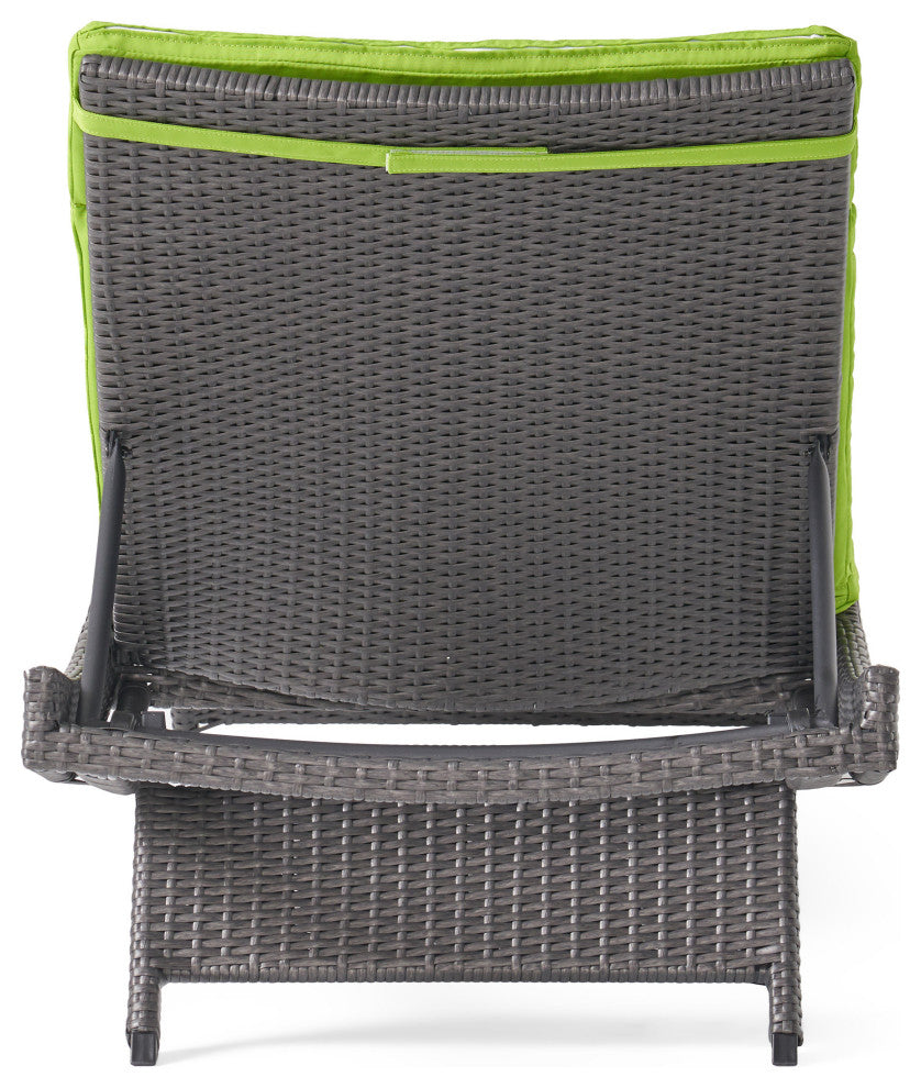 GDF Studio Nassau Outdoor Gray Wicker Chaise Lounge, Green Cushions, Set of 2