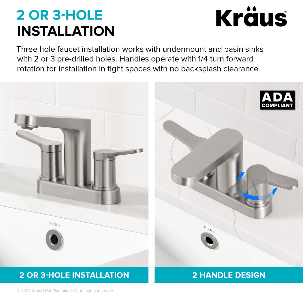 KRAUS Indy 2-Handle 3-Hole Centerset Bathroom Faucet Spot Free BN, PU Drain