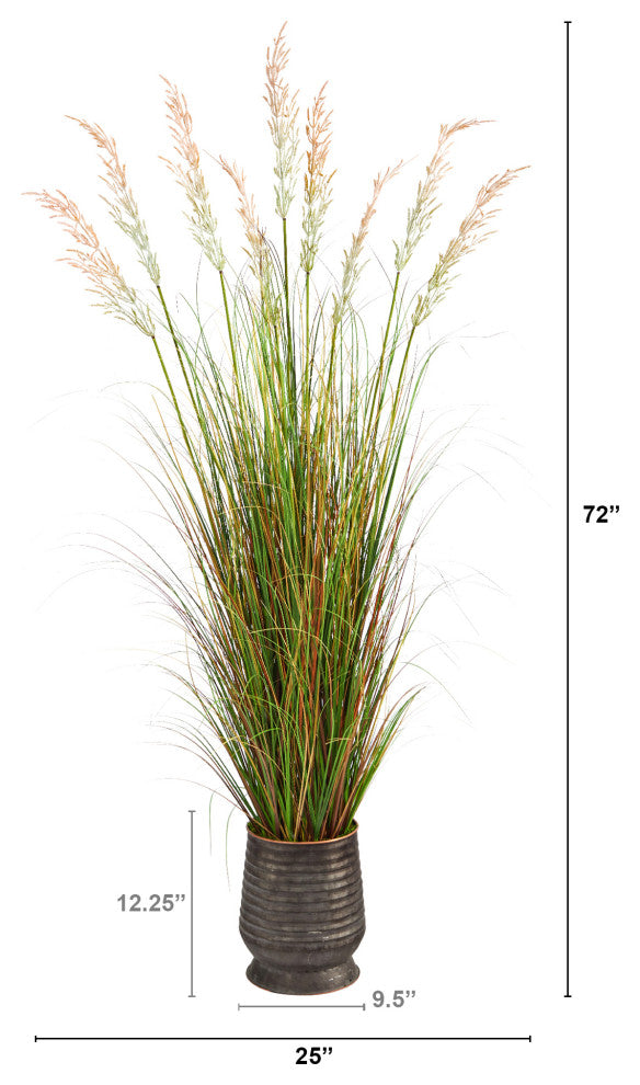 6' Grass Artificial Plant, Ribbed Metal Planter