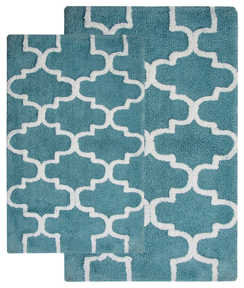 GSF 180 Geomatrics Cotton Bath Rug, 2-Piece Set, Arctic Blue, 24"x17"/34"x21"