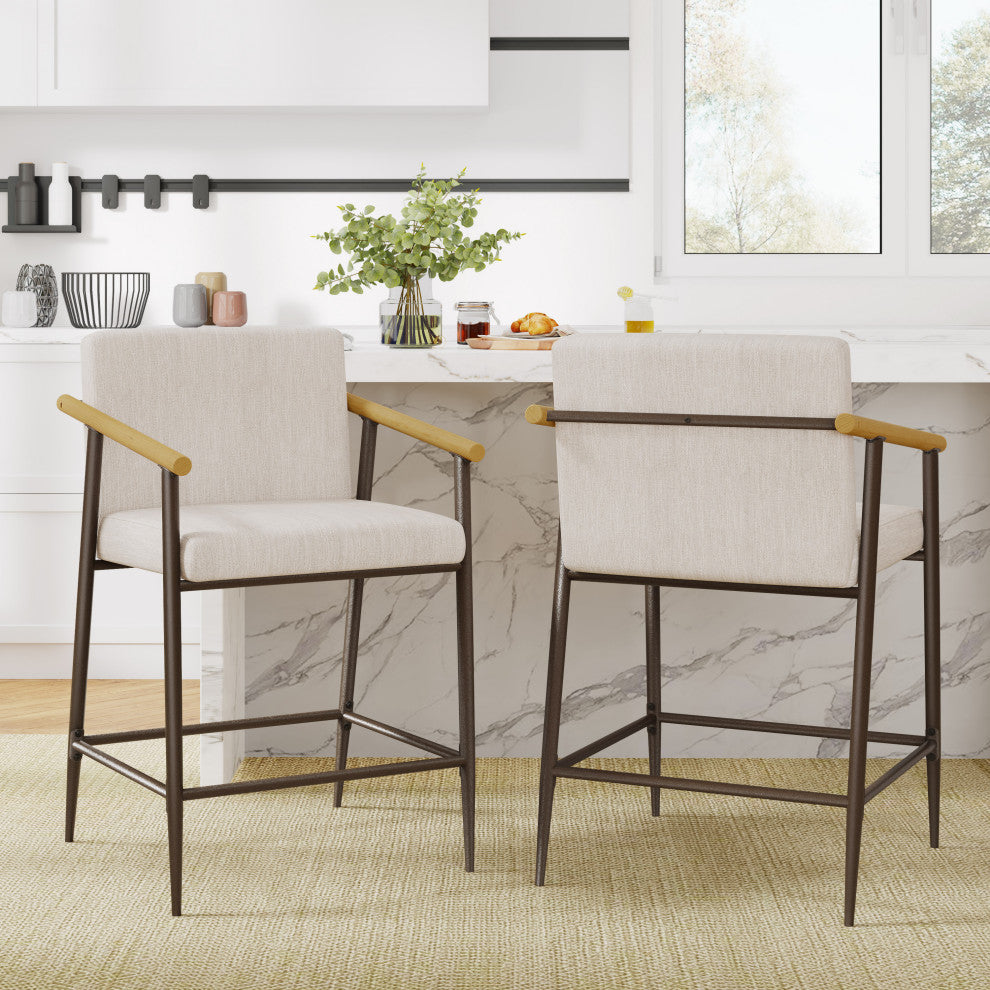 GDF Studio 26"H Mid-Century Modern Counter Stool With Iron Frame, Set of 2, Espresso/Beige