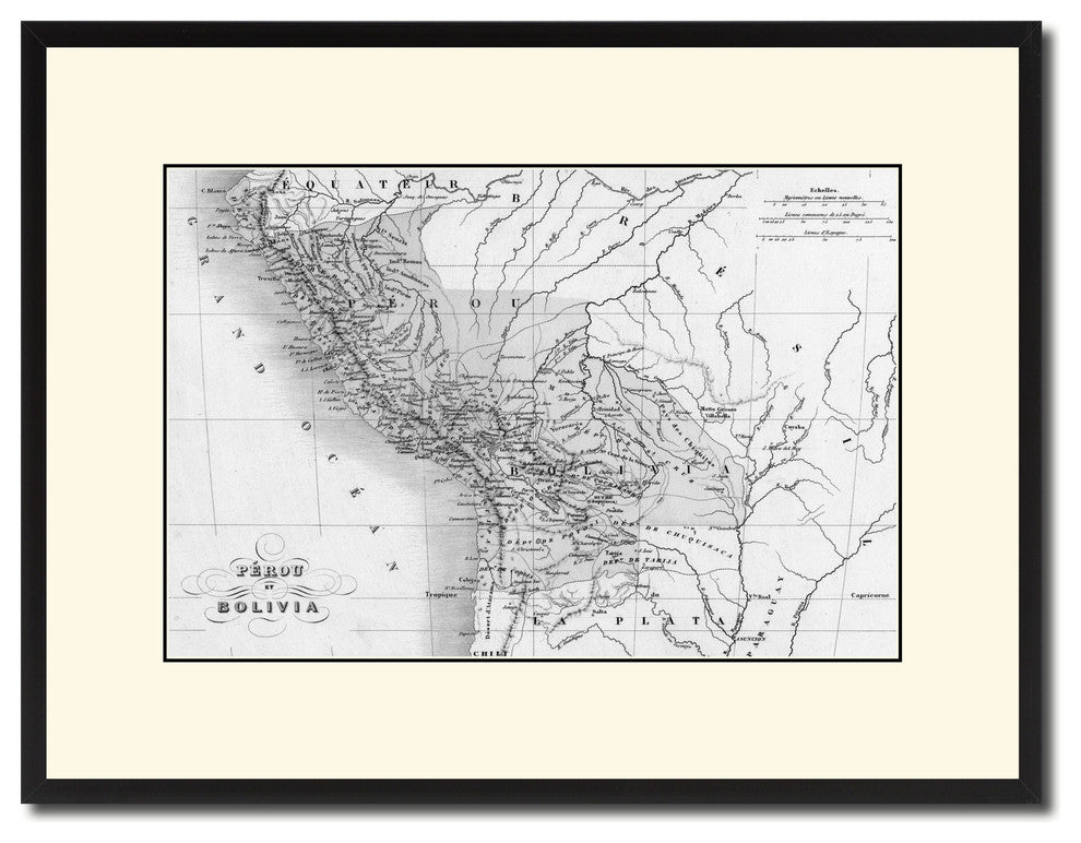 Peru Bolivia Vintage B&W Map Canvas Print, 16"x21"