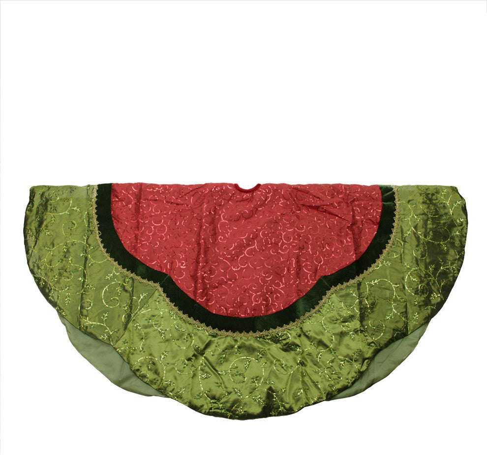 60" Green and Red Silk Embroidered and Velvet Scalloped Tree Skirt