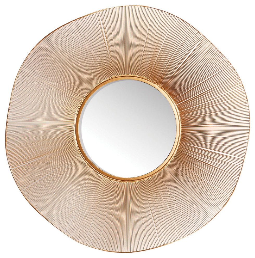 Large 40 in Wavy Gold Wire Sunburst Round Wall Mirror Contemporary Brass Finish