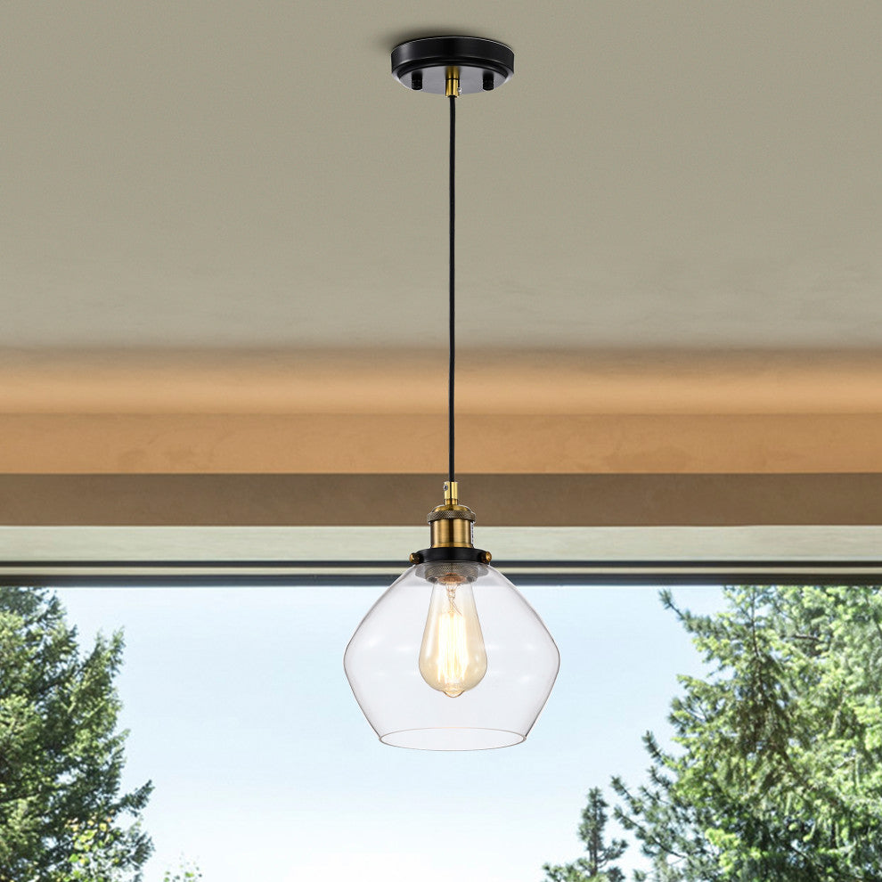 1-Light Black and Antique Brass Mini Pendant Light With Clear Glass Shade