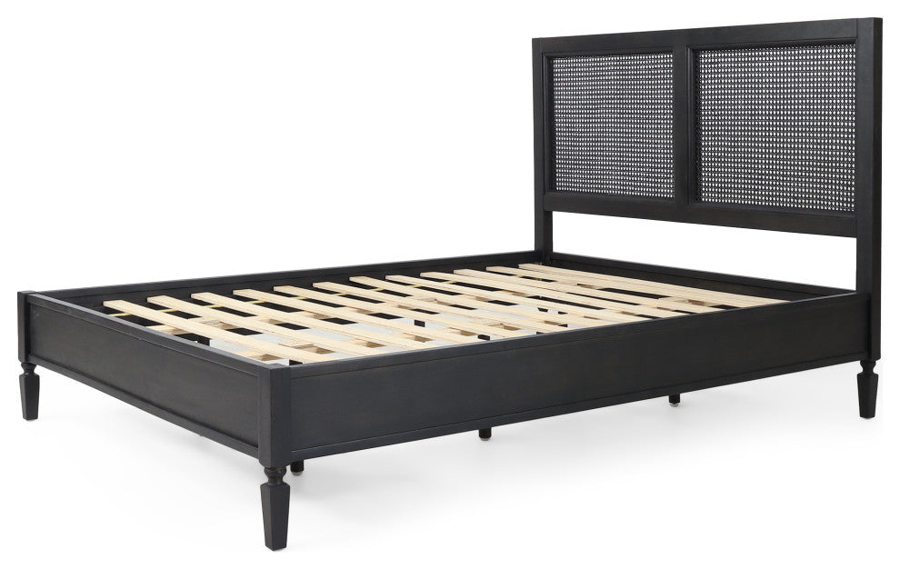 GDF Studio Rustic Acacia Wood Rattan Platform Bed, Queen, Dark Gray