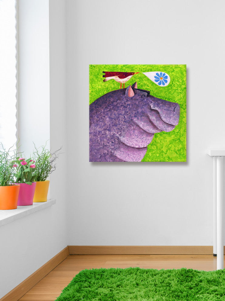 Marmont Hill, "Happy Happy Hippo" by Janet Nelson Print on Wrapped Canvas, 18x18